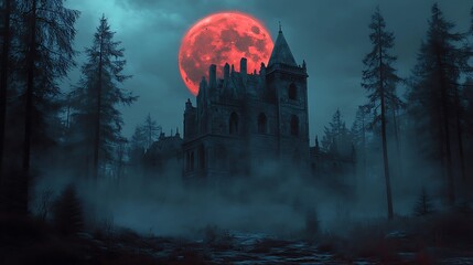 A large gothic castle sits under a huge blood red moon