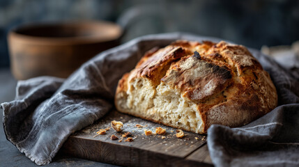 Rustic Loaf of Bread on Wooden Board with Textured Fabric