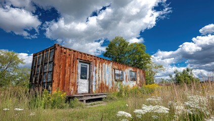 Rusted shipping container dwelling, weathered and overgrown, sits amidst wildflowers under a vibrant blue sky with fluffy white clouds