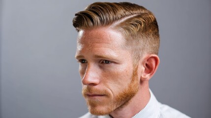 Profile portrait of a man with a slick side part haircut