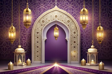 Elegant islamic eid and ramadan greeting with ornate golden lanterns and archway on a purple patterned background