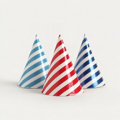 Obraz premium Three party hats with striped patterns in blue and red colors on a clean white surface in a studio shot