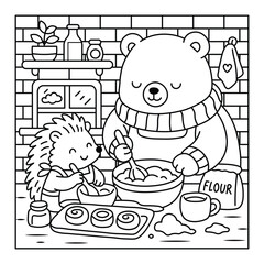 Adorable Animals Baking Together – Kawaii Winter Coloring Sheet
