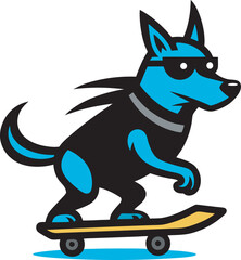 Cool Blue Dog Wearing Sunglasses Rides a Skateboard with a Black Shirt and Collar