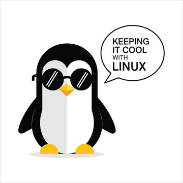 Vector art of a cartoon penguin with sunglasses is keeping it cool with linux