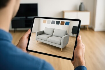 Man uses augmented reality on his tablet to virtually place a modern gray sofa with color options within his living room, visualizing furniture purchase.