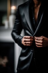 Groom adjusting suit jacket indoors