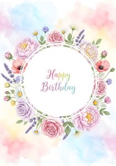 Happy Birthday card with beautiful watercolor floral wreath