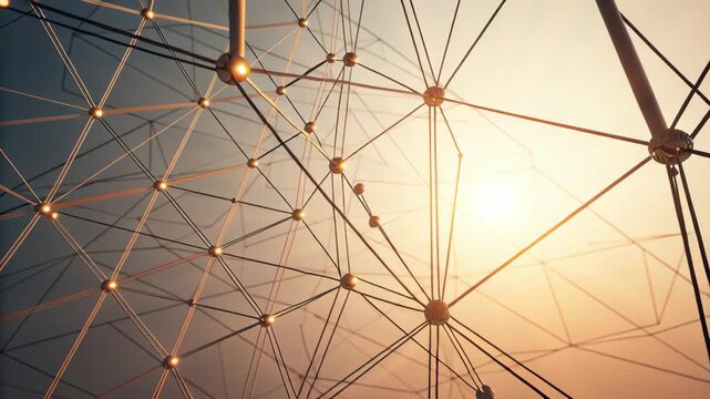 Geometric Network of Interconnected Nodes and Lines Forms Complex Pattern Against Warm, Glowing Background