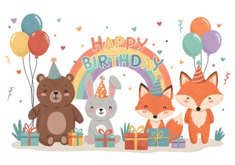 Naklejka premium Cute woodland animals celebrating a birthday