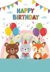 Cute cartoon birthday card with animals and rainbow