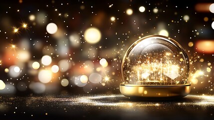 A glistening golden snow globe against a shimmering bokeh background