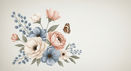 Watercolor floral arrangement with roses, berries, leaves, and a butterfly on a light background
