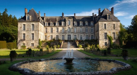 Obraz premium an old French château with gardens and a fountain in front