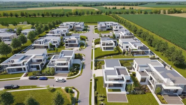 Aerial view of a modern suburban housing development featuring identical minimalist villas. The homes are arranged in neat patterns with surrounding greenery, open space, and organized roadways. 
