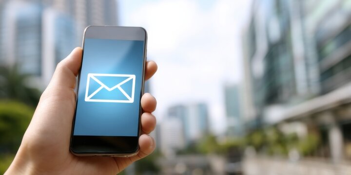 Smartphone user checking email notifications in a modern urban setting during daytime