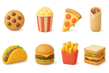 Colorful 3d icons of popular fast food items with playful style