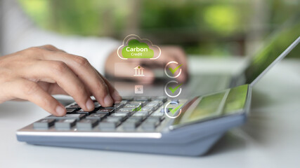 Person using a calculator and a laptop to calculate carbon credit investment with digital finance and sustainability icons, concept of green economy, and eco-friendly business