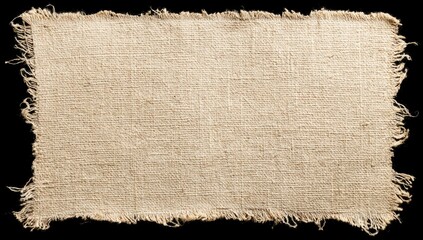 A rectangular piece of light beige, coarse woven fabric with frayed, uneven edges against a black background