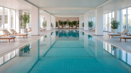 Fototapeta premium Indoor swimming pool with lounge chairs and plants indoor pool luxury