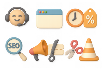 3d icons of customer service, seo, web development, and communication tools