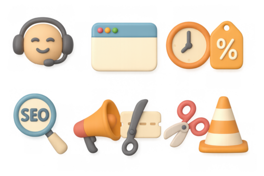 3d icons of customer service, seo, web development, and communication tools