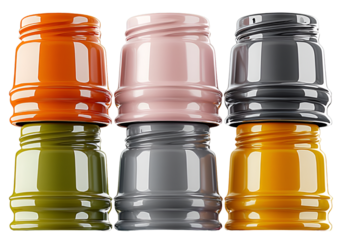 Collection of colorful plastic bottle caps stacked in rows isolated on white background

