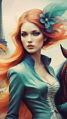 Woman with vibrant red hair, adorned with  blue flower, wearing teal outfit, with Eiffel Tower and  horse visible in background. Digital painting with vivid colors.