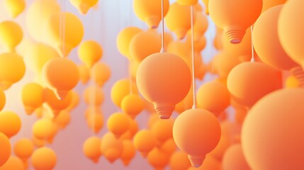 A multitude of orange light bulb shapes are hanging from above