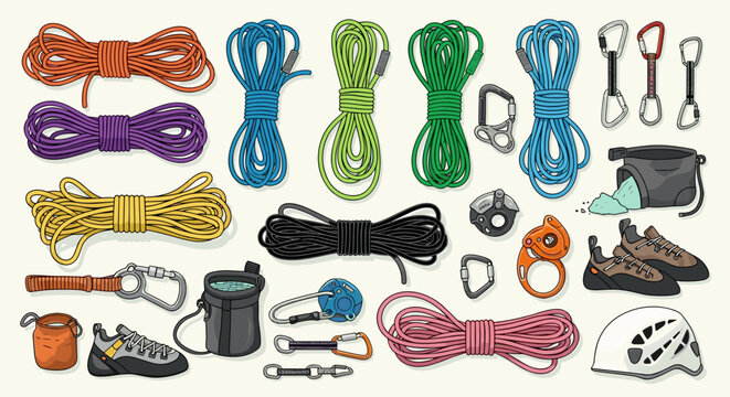 Illustration of various climbing equipment including ropes carabiners and climbing shoes arranged neatly