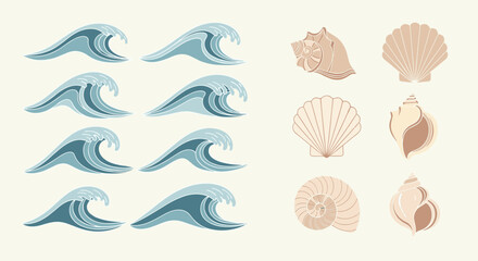Fototapeta premium Illustration of six stylized ocean waves and six seashells in a grid pattern on a light background
