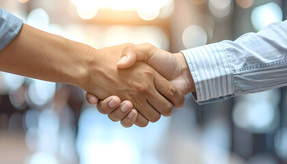 A handshake between two professional individuals in a corporate setting, symbolizing agreement, partnership, and successful collaboration