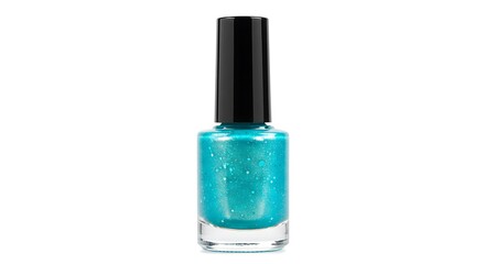 Glittering Teal Nail Polish Bottle on White Background