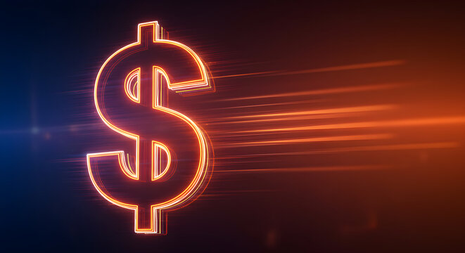 Neon dollar sign symbol with dynamic orange and blue light trails.