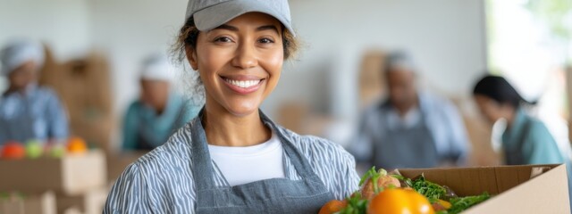 Volunteer distributing fresh produce at community food bank during afternoon shift