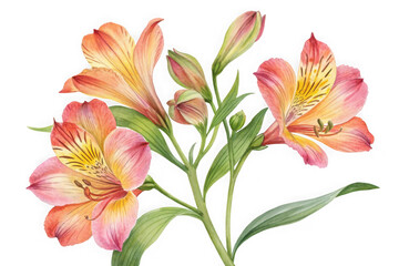 Fototapeta premium Beautiful watercolor painting of peach and pink alstroemeria flowers isolated on transparent background