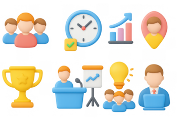 Colorful 3d business icons set featuring teamwork, growth, and leadership elements