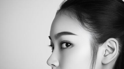 Fototapeta premium a beautiful chinese woman With a ponytail is peeking from the edge of a white background, only her half face is visible, in a simple, minimalistic style with high contrast between black and white, 
