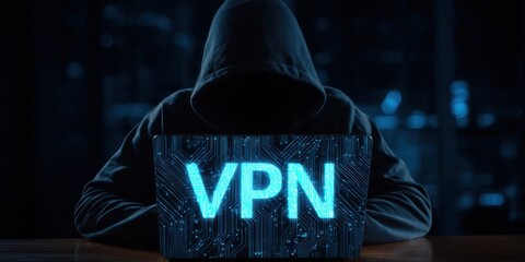 Hacker using laptop in dark room to connect to VPN for online privacy and security at night
