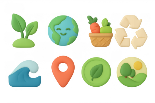 Eco-friendly icons set with cute earth, plants, and recycling symbols in 3d style