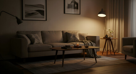 Modern living room interior with neutral color palette. Relaxing ambiance with warm lighting and soft furnishings.