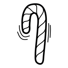 Hand-drawn outline of a Christmas candy cane. Simple black line illustration, perfect for holiday cards, decorations, patterns, packaging, and festive design projects.