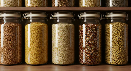 Variety of whole grains in glass jars on a wooden shelf. Stacked jars of different grains in a home pantry.