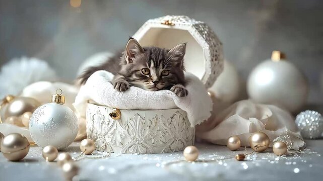 Cute gray kitten resting in a decorative box surrounded by festive decorations during the holiday season