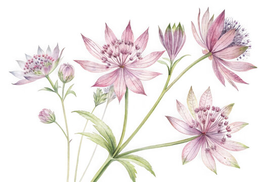 Delicate pink astrantia flowers with green stems and leaves isolated on transparent background