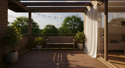 Wooden balcony with plants and a bench, relaxing outdoor scene with natural light. Empty balcony with comfortable seating, ideal for relaxing or enjoying the outdoors.