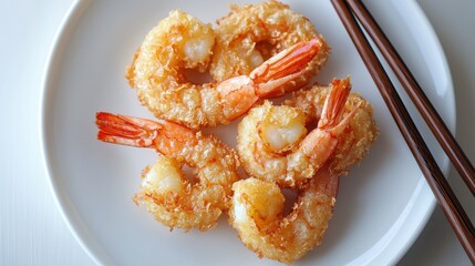 Tempura shrimp crispy golden battered fried prawns white ceramic plate chopsticks premium Japanese restaurant cuisine seafood gourmet dining experience