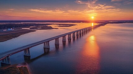 Bridge silhouette sunset drone perspective concrete beam bridge golden evening light water reflection modern engineering dramatic clouds