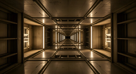 Architectural perspective of a multi-story building interior, with illumination highlighting structural details.