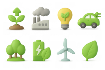 Eco-friendly symbols in 3d design: sustainability concepts featuring plants and renewable energy elements